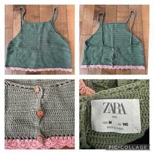 zara crochet crop top in green with pink trim size medium